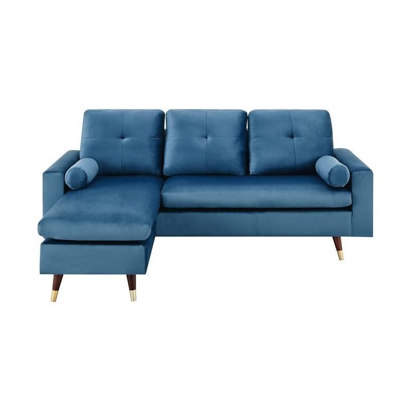 Canapé d'angle fixe réversible - 3 places - Tissu bleu - Pieds bois Canapé d'angle fixe réversible - 3 places - Tissu bleu - Pieds bois