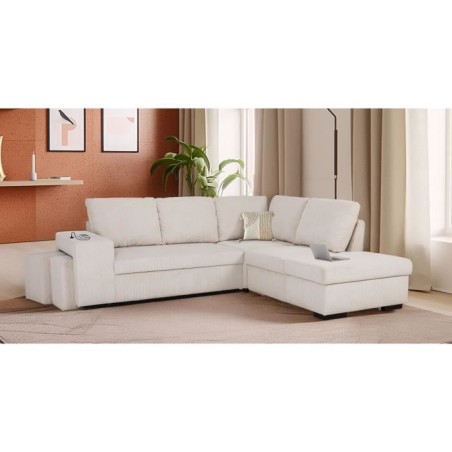 Canapé d'angle convertible réversible - 4/5 places - MITCHELL - Tissu velours côtelé Pearl - Coffre, Poufs - 247 x 205 x 91