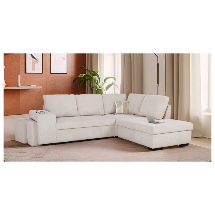 Canapé d'angle convertible réversible - 4/5 places - MITCHELL - Tissu velours côtelé Pearl - Coffre, Poufs - 247 x 205 x 91 Canapé d'angle convertible réversible - 4/5 places - MITCHELL - Tissu velours côtelé Pearl - Coffre, Poufs - 247 x 205 x 91