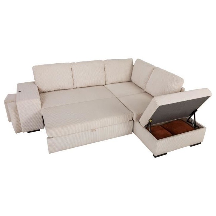 Canapé d'angle convertible réversible - 4/5 places - MITCHELL - Tissu velours côtelé Pearl - Coffre, Poufs - 247 x 205 x 91 Canapé d'angle convertible réversible - 4/5 places - MITCHELL - Tissu velours côtelé Pearl - Coffre, Poufs - 247 x 205 x 91