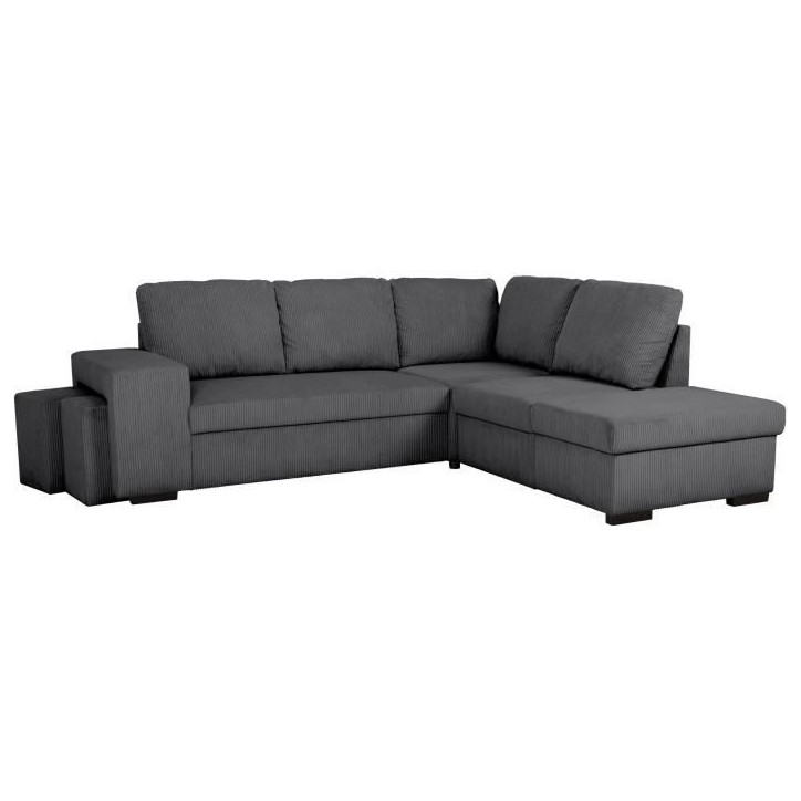 Canapé d'angle convertible réversible - 4/5 places - MITCHELL - Tissu velours côtelé Anthracite - Coffre, Poufs - 247 x 205 Canapé d'angle convertible réversible - 4/5 places - MITCHELL - Tissu velours côtelé Anthracite - Coffre, Poufs - 247 x 205