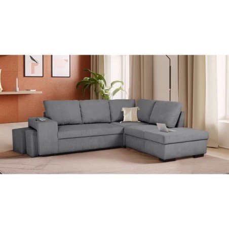 Canapé d'angle convertible réversible - 4/5 places - MITCHELL - Tissu velours côtelé Anthracite - Coffre, Poufs - 247 x 205
