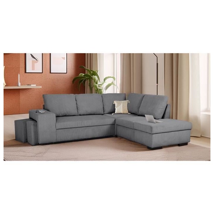 Canapé d'angle convertible réversible - 4/5 places - MITCHELL - Tissu velours côtelé Anthracite - Coffre, Poufs - 247 x 205 Canapé d'angle convertible réversible - 4/5 places - MITCHELL - Tissu velours côtelé Anthracite - Coffre, Poufs - 247 x 205