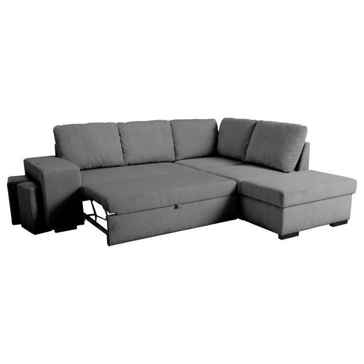 Canapé d'angle convertible réversible - 4/5 places - MITCHELL - Tissu velours côtelé Anthracite - Coffre, Poufs - 247 x 205 Canapé d'angle convertible réversible - 4/5 places - MITCHELL - Tissu velours côtelé Anthracite - Coffre, Poufs - 247 x 205