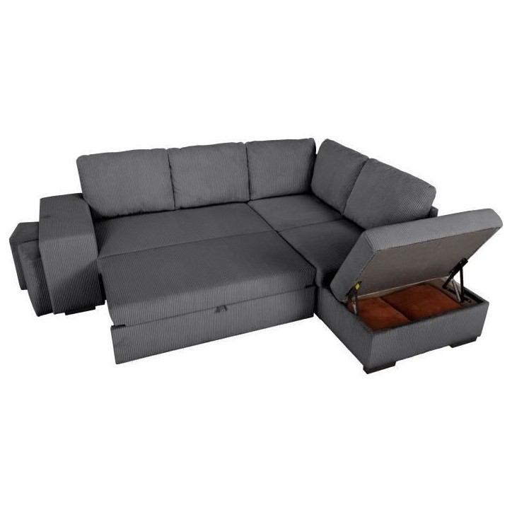 Canapé d'angle convertible réversible - 4/5 places - MITCHELL - Tissu velours côtelé Anthracite - Coffre, Poufs - 247 x 205 Canapé d'angle convertible réversible - 4/5 places - MITCHELL - Tissu velours côtelé Anthracite - Coffre, Poufs - 247 x 205