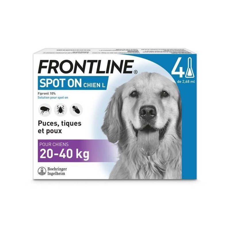 Frontline Spot On chien - Anti-puces anti-tiques pour chien L - 20-40k Frontline Spot On chien - Anti-puces anti-tiques pour chien L - 20-40k
