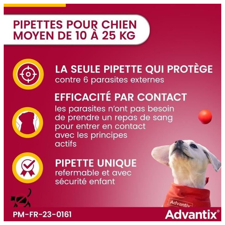 ADVANTIX Chien Solution Antiparasitaire Race Moyenne 10 a 25kg 4 pipettes ADVANTIX Chien Solution Antiparasitaire Race Moyenne 10 a 25kg 4 pipettes