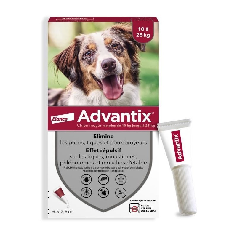 ADVANTIX Chien Solution Antiparasitaire Race Moyenne 10 a 25kg 6 pipet ADVANTIX Chien Solution Antiparasitaire Race Moyenne 10 a 25kg 6 pipet