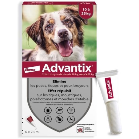 ADVANTIX Chien Solution Antiparasitaire Race Moyenne 10 a 25kg 6 pipet