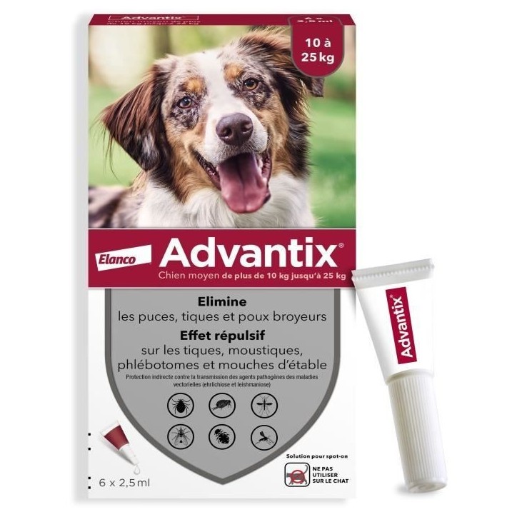 ADVANTIX Chien Solution Antiparasitaire Race Moyenne 10 a 25kg 6 pipettes ADVANTIX Chien Solution Antiparasitaire Race Moyenne 10 a 25kg 6 pipettes