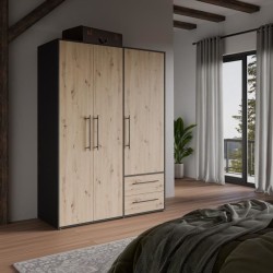 Armoire - Décor Chene Artisan / Noir - 3 portes - L144,4 x P58,8 x H2