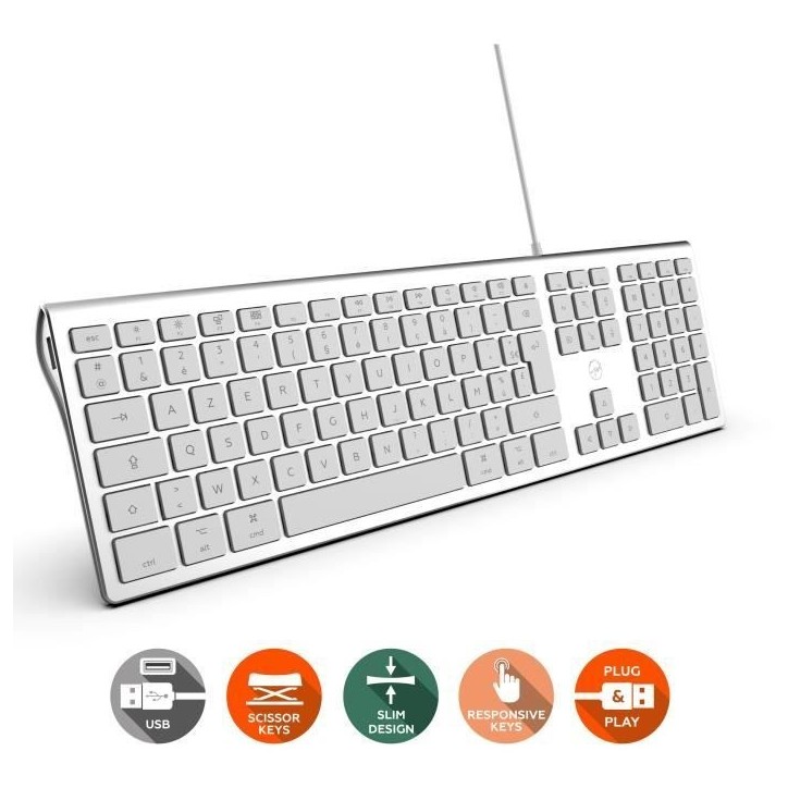 MOBILITY LAB ML304304 – Clavier Design Touch Filaire avec 2 USB pour Mac – AZERTY – Blanc et argenté MOBILITY LAB ML304304 – Clavier Design Touch Filaire avec 2 USB pour Mac – AZERTY – Blanc et argenté