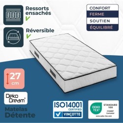 Matelas 90 x 200 cm - Hauteur 27 cm - 380 ressorts ensachés - 7 zones