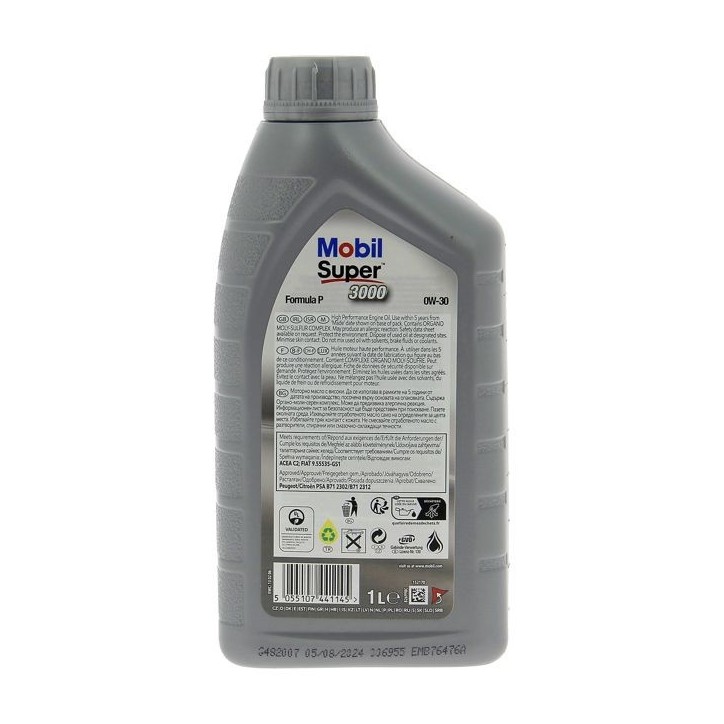 Huile moteur 0W-30 Synthétique - MOBIL - Super 3000 - Formula-P -bidon 1L - haute performance