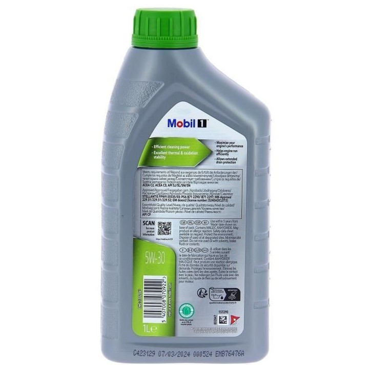Huile moteur 5W-30 ESP Synthétique - MOBIL 1 - Formula-P -bidon 5L - haute performance anti-pollution Huile moteur 5W-30 ESP Synthétique - MOBIL 1 - Formula-P -bidon 5L - haute performance anti-pollution