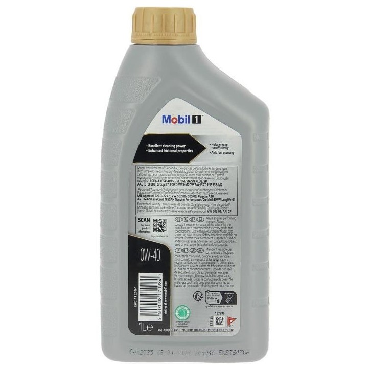Huile moteur 5W-40 FS Synthétique - MOBIL 1 -bidon 1L - Ultra haute performance - anti-pollution Huile moteur 5W-40 FS Synthétique - MOBIL 1 -bidon 1L - Ultra haute performance - anti-pollution