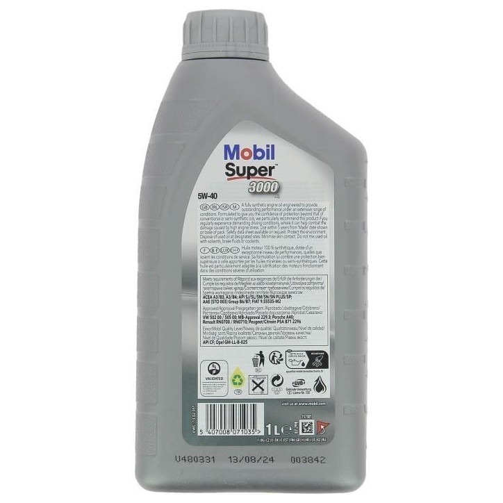 Huile moteur 5W-40 Synthétique - MOBIL - Super 3000 X1 - bidon 1L - haute performance anti-pollution Huile moteur 5W-40 Synthétique - MOBIL - Super 3000 X1 - bidon 1L - haute performance anti-pollution