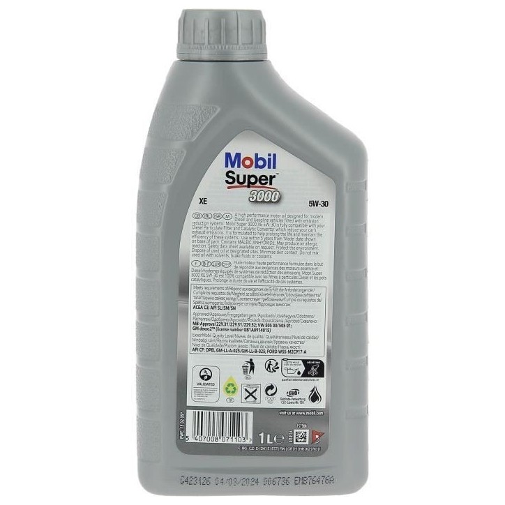 Huile moteur 5W-30 Synthétique - MOBIL - Super 3000 - Formula-XE -bidon 1L - haute performance anti-pollution Huile moteur 5W-30 Synthétique - MOBIL - Super 3000 - Formula-XE -bidon 1L - haute performance anti-pollution