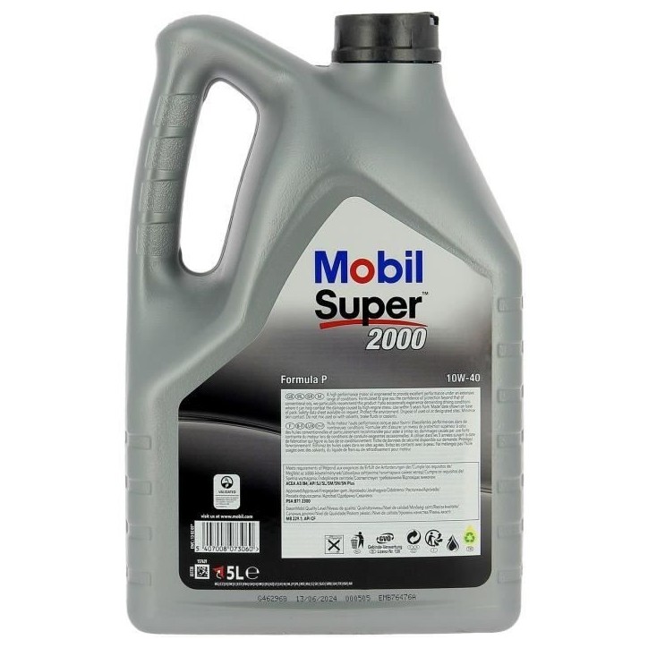 Huile moteur 10W-40 Synthétique - MOBIL - Super 2000 X1 - Formula-P -bidon 5L - haute performance anti-pollution Huile moteur 10W-40 Synthétique - MOBIL - Super 2000 X1 - Formula-P -bidon 5L - haute performance anti-pollution