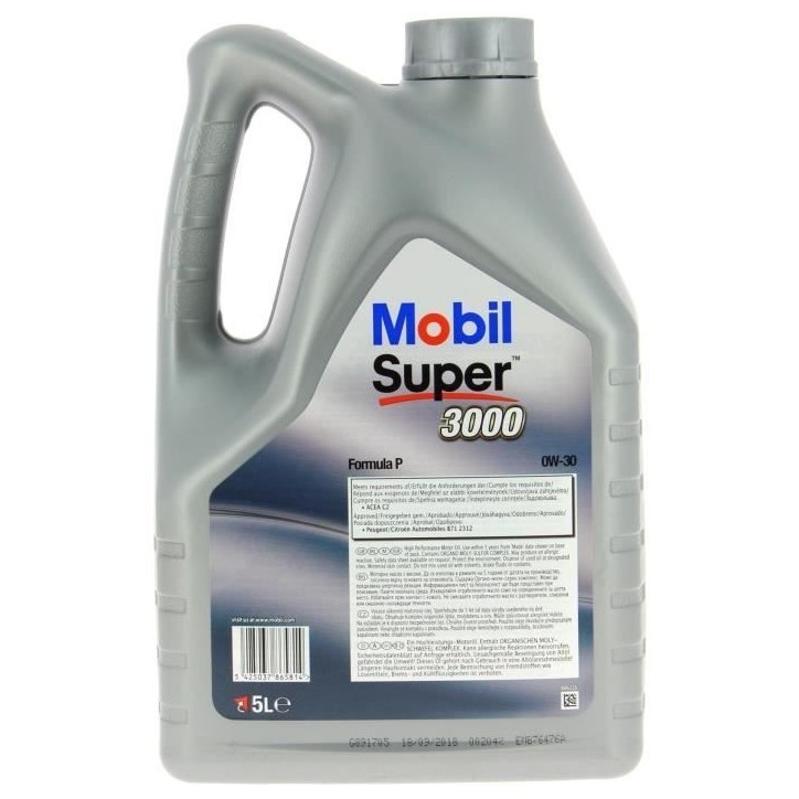 Huile moteur 0W-30 Synthétique - MOBIL - Super 3000 - Formula-V -bidon 5L - haute performance