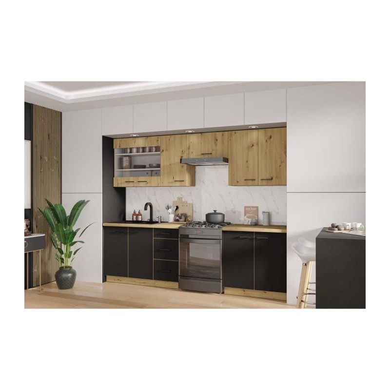 MODENA - Cuisine complete - 260 x 52 x 82 cm - Chene artisan / Noir ma
