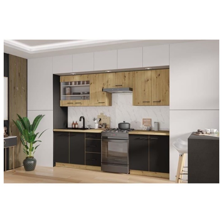 MODENA - Cuisine complete - 260 x 52 x 82 cm - Chene artisan / Noir mat - Plan de travail non inclus MODENA - Cuisine complete - 260 x 52 x 82 cm - Chene artisan / Noir mat - Plan de travail non inclus