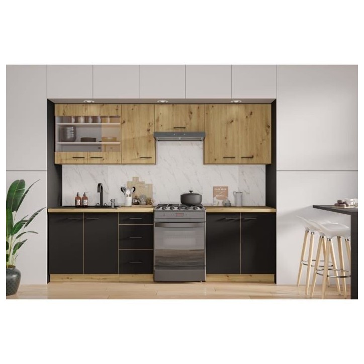 MODENA - Cuisine complete - 260 x 52 x 82 cm - Chene artisan / Noir mat - Plan de travail non inclus MODENA - Cuisine complete - 260 x 52 x 82 cm - Chene artisan / Noir mat - Plan de travail non inclus
