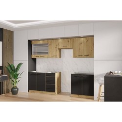 MODENA - Cuisine complete - 260 x 52 x 82 cm - Chene artisan / Noir ma