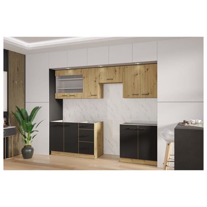 MODENA - Cuisine complete - 260 x 52 x 82 cm - Chene artisan / Noir mat - Plan de travail non inclus MODENA - Cuisine complete - 260 x 52 x 82 cm - Chene artisan / Noir mat - Plan de travail non inclus
