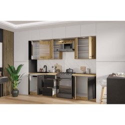 MODENA - Cuisine complete - 260 x 52 x 82 cm - Chene artisan / Noir ma