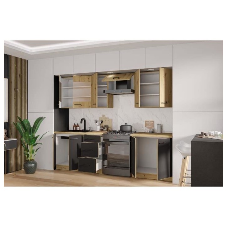 MODENA - Cuisine complete - 260 x 52 x 82 cm - Chene artisan / Noir mat - Plan de travail non inclus MODENA - Cuisine complete - 260 x 52 x 82 cm - Chene artisan / Noir mat - Plan de travail non inclus
