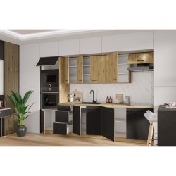 MODENA - Cuisine complete - 300 x 52 x 82 cm - Chene artisan / Noir ma