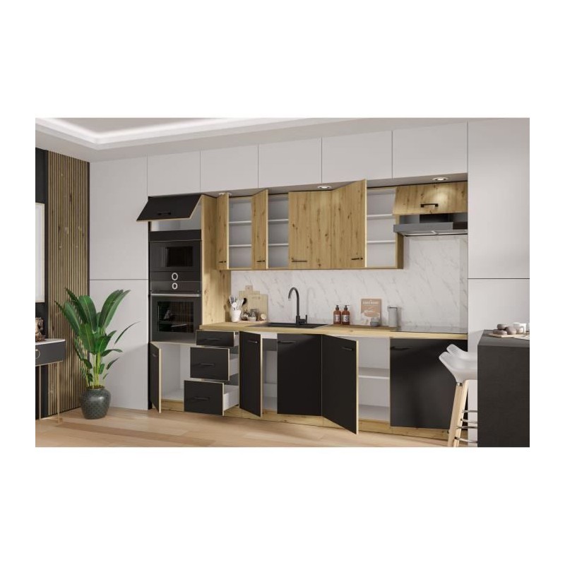 MODENA - Cuisine complete - 300 x 52 x 82 cm - Chene artisan / Noir ma MODENA - Cuisine complete - 300 x 52 x 82 cm - Chene artisan / Noir ma