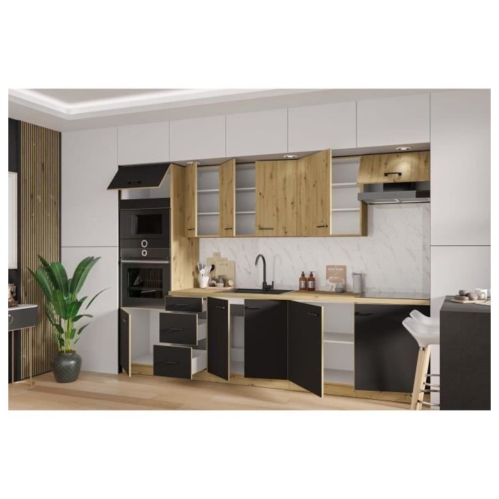 MODENA - Cuisine complete - 300 x 52 x 82 cm - Chene artisan / Noir mat - Plan de travail non inclus MODENA - Cuisine complete - 300 x 52 x 82 cm - Chene artisan / Noir mat - Plan de travail non inclus