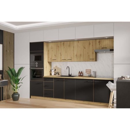 MODENA - Cuisine complete - 300 x 52 x 82 cm - Chene artisan / Noir mat - Plan de travail non inclus
