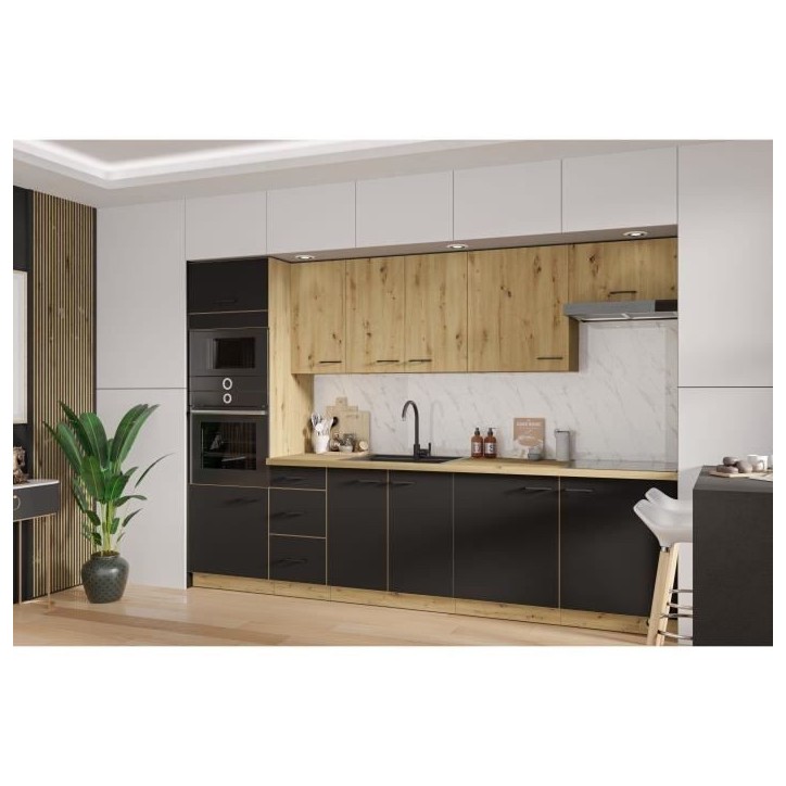 MODENA - Cuisine complete - 300 x 52 x 82 cm - Chene artisan / Noir mat - Plan de travail non inclus MODENA - Cuisine complete - 300 x 52 x 82 cm - Chene artisan / Noir mat - Plan de travail non inclus