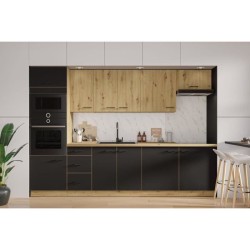 MODENA - Cuisine complete - 300 x 52 x 82 cm - Chene artisan / Noir ma