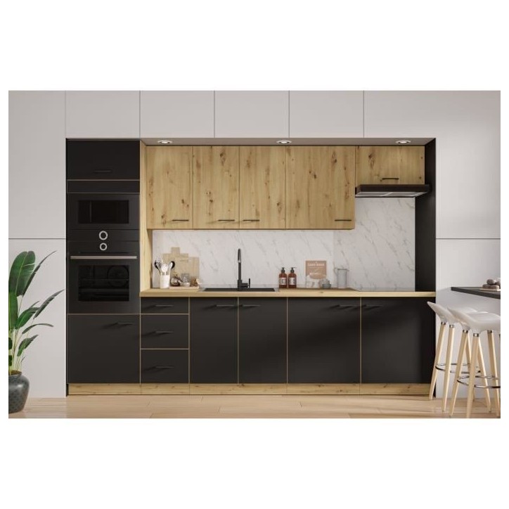 MODENA - Cuisine complete - 300 x 52 x 82 cm - Chene artisan / Noir mat - Plan de travail non inclus MODENA - Cuisine complete - 300 x 52 x 82 cm - Chene artisan / Noir mat - Plan de travail non inclus