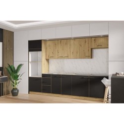 MODENA - Cuisine complete - 300 x 52 x 82 cm - Chene artisan / Noir ma