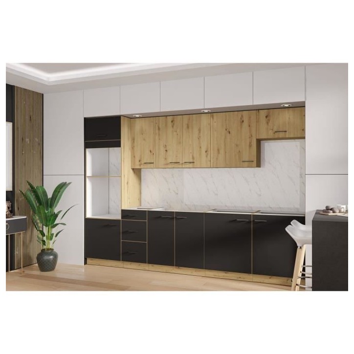 MODENA - Cuisine complete - 300 x 52 x 82 cm - Chene artisan / Noir mat - Plan de travail non inclus MODENA - Cuisine complete - 300 x 52 x 82 cm - Chene artisan / Noir mat - Plan de travail non inclus