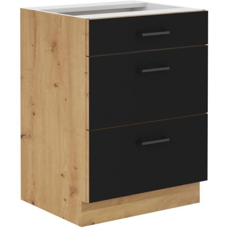 MODENA - Meuble bas casserolier - 3 tiroirs - 60 x 52 x 82 cm - Chene artisan / Noir mat - Plan de travail non inclus