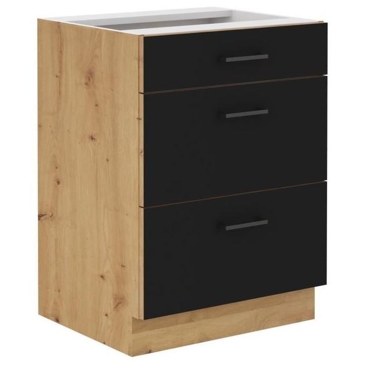 MODENA - Meuble bas casserolier - 3 tiroirs - 60 x 52 x 82 cm - Chene artisan / Noir mat - Plan de travail non inclus MODENA - Meuble bas casserolier - 3 tiroirs - 60 x 52 x 82 cm - Chene artisan / Noir mat - Plan de travail non inclus