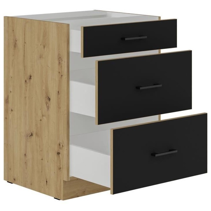 MODENA - Meuble bas casserolier - 3 tiroirs - 60 x 52 x 82 cm - Chene artisan / Noir mat - Plan de travail non inclus MODENA - Meuble bas casserolier - 3 tiroirs - 60 x 52 x 82 cm - Chene artisan / Noir mat - Plan de travail non inclus