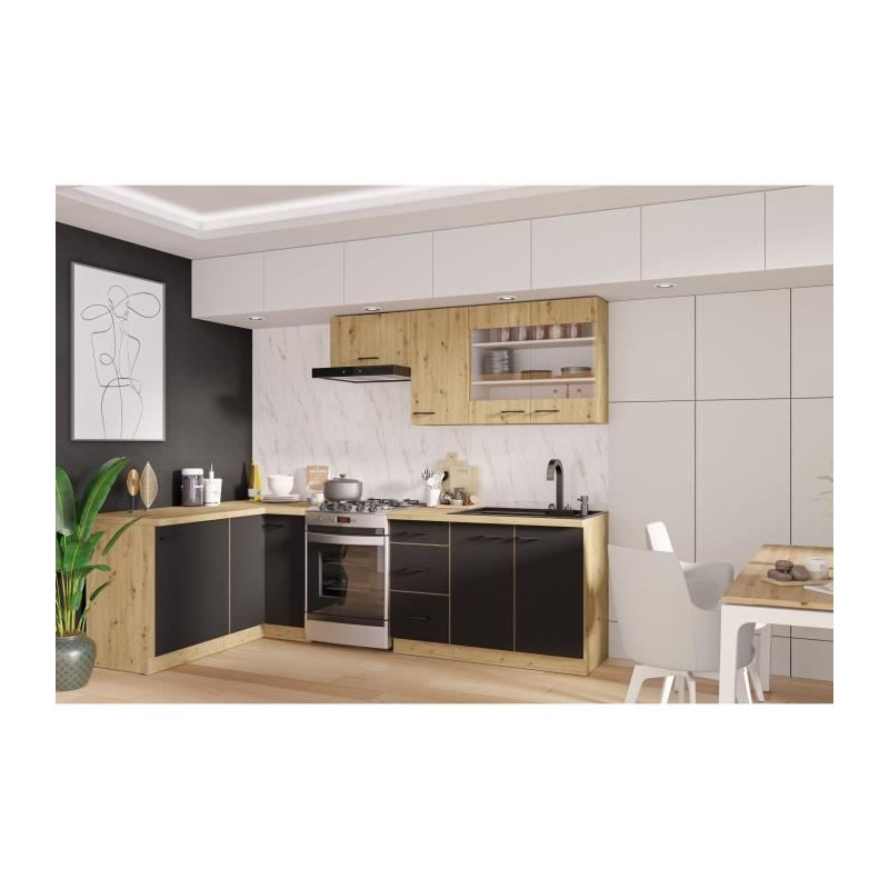 MODENA - Cuisine complete - 210 x 150 x 82 cm - Chene artisan / Noir m MODENA - Cuisine complete - 210 x 150 x 82 cm - Chene artisan / Noir m