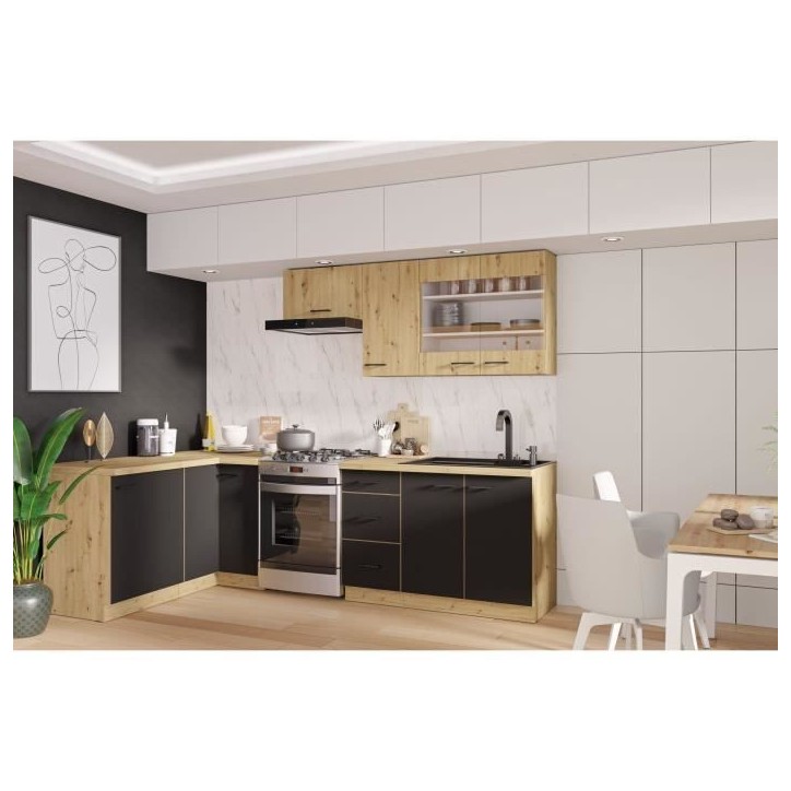 MODENA - Cuisine complete - 210 x 150 x 82 cm - Chene artisan / Noir mat - Plan de travail non inclus MODENA - Cuisine complete - 210 x 150 x 82 cm - Chene artisan / Noir mat - Plan de travail non inclus