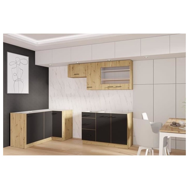 MODENA - Cuisine complete - 210 x 150 x 82 cm - Chene artisan / Noir mat - Plan de travail non inclus MODENA - Cuisine complete - 210 x 150 x 82 cm - Chene artisan / Noir mat - Plan de travail non inclus
