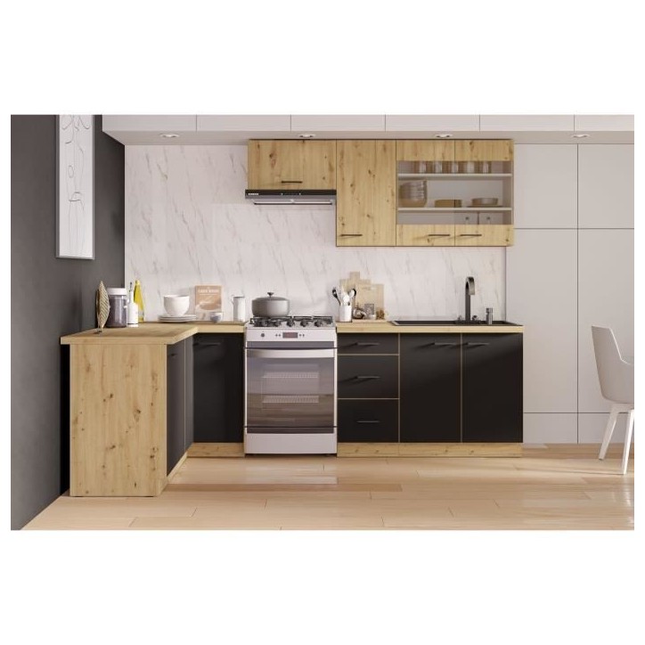 MODENA - Cuisine complete - 210 x 150 x 82 cm - Chene artisan / Noir mat - Plan de travail non inclus MODENA - Cuisine complete - 210 x 150 x 82 cm - Chene artisan / Noir mat - Plan de travail non inclus