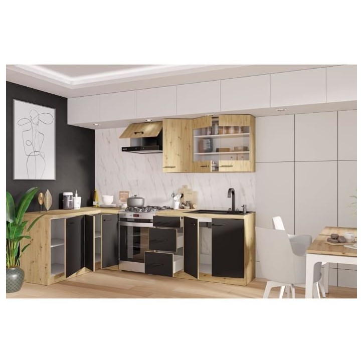 MODENA - Cuisine complete - 210 x 150 x 82 cm - Chene artisan / Noir mat - Plan de travail non inclus MODENA - Cuisine complete - 210 x 150 x 82 cm - Chene artisan / Noir mat - Plan de travail non inclus