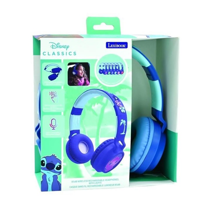 LEXIBOOK - Casque lumineux Bluetooth - Design 3D - Pliable et ajustable - Disney Stitch