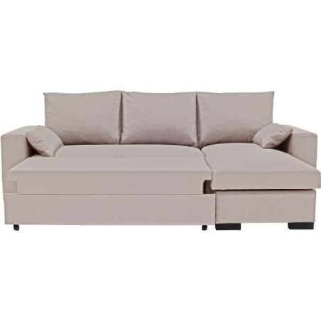 Canapé d'angle convertible - MORGAN - 3 places - Beige avec coffre et coussins déco - 236x143x85cm